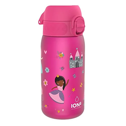 ion8 Botella de Agua para Niños, 350ml, a Prueba de Fugas, Fácil de Abrir, Cerradura Segura, Apta para Lavavajillas, Sin BPA, Asa de Transporte, Fácil de Limpiar, Neutro en Carbono, Diseño Princesa