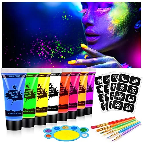 Offre limitée : AOOWU Peinture Visage Corps Kit 19PCS, Peinture Corporelle, 8 * 10 ml UV Glow tubes de peinture fluorescente pour le visage et le corps, Halloween Noël Maquillage Fluo de 9.49 € à 9.02 € (5% de remise)