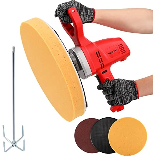 NEWTRY Elektryczna prostownica do zaprawy murarskiej, przenośna, do tynkowania ścian, wielofunkcyjna betoniarka, z gąbką, papierem ściernym, tarcze zapasowe i trzepaczka do mieszania zaprawy (jeden drążek ekspandacyjny)