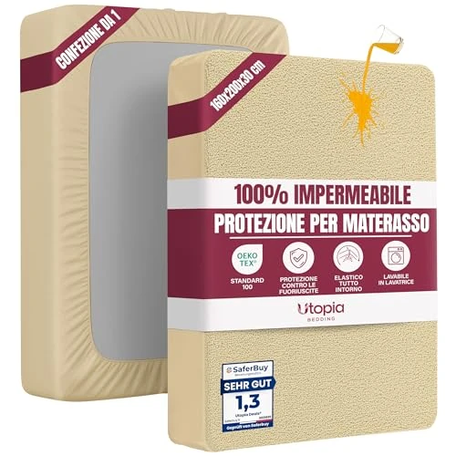 Offerta a tempo: Utopia Bedding Coprimaterasso Matrimoniale Impermeabile 160 x 200 x 30 cm, Certificato OEKO-TEX, Proteggi Materasso, Traspirante, Lavabile, Stile Montato Tutto Intorno Elastico Beige - 76.22% da 54.62 € a 12.99 €