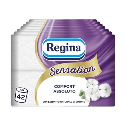 Limitiertes Angebot: Regina Sensation Toilettenpapier, 42 Rollen, 160 weiche 3-lagige Risse, weich und strapazierfähig, mit natürlichem Baumwollextrakt, Packung mit 60% recyceltem Kunststoff, FSC-zertifiziert von 32.72 EUR auf 32.72 EUR (Spare 0%)