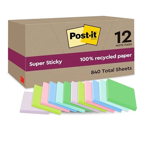 Limited offer: Post-it Super Sticky 100% Recycled Notes, Pack of 12 Pads, 70 Sheets per Pad, 47.6 mm x 47.6 mm, Pink, Green, Blue, Purple, Yellow - Extra Sticky Notes Made from 100% Recycled Paper from 18.99 EUR to 17.15 EUR (save 10%)