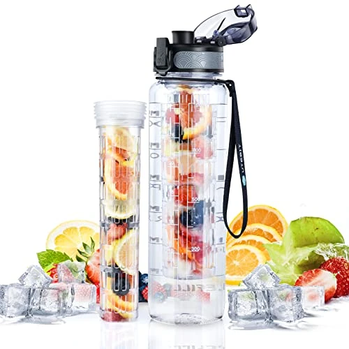 Limitiertes Angebot: UTEBIT Wasserflasche mit Fruchteinsatz, Große Sport Wasserflasche BPA-frei für Männer Frauen Fitnessstudio Fahrrad Laufen Golf Fußball (Transparent, 1L) von 16.99 EUR auf 14.99 EUR (Spare 12%)