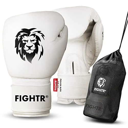 FIGHTR® Professional Boxing Gloves Made of Genuine Leather | Men and Women | for Boxing, MMA, Muay Thai, Kickboxing & Martial Arts 10 12 14 16 oz | Includes Carry Bag (Off White, 10 oz)