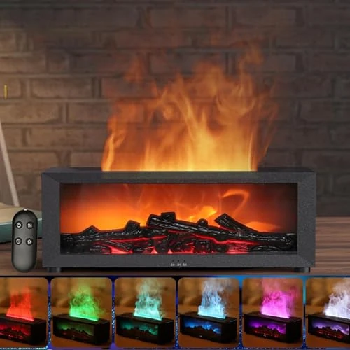 Diffuseur Huiles Essentielles LED Cheminée, Diffuseur Parfum Maison Flamme avec Télécommande, 7 Couleurs à Effet de Flamme Lumineuse, Idéal pour Decorative Chambre Bureau