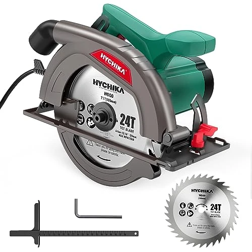 Hychika Hand Circular Saw 1300 W 4500 RPM 185 mm High Power Motor Cutting Depth 65 mm (90 mm), 45 mm (45), Guide Rail Dust Removal for Cutting Wood/Plastic