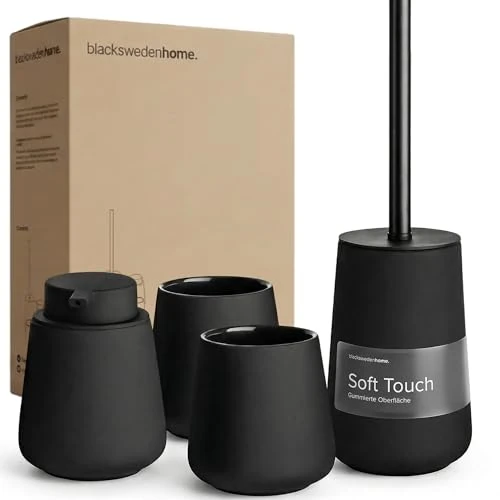 Zeitlich begrenztes Angebot: blackswedenhome. Badezimmer Set Schwarz - Hochwertiges Keramik Set - Seifenspender schwarzs, Zahnputzbecher, Toilettenbürste mit Silikonborsten - Nordic Design, Badaccessoires matt, Seifenspender Bad von 39.99 € auf 39.99 € (0
