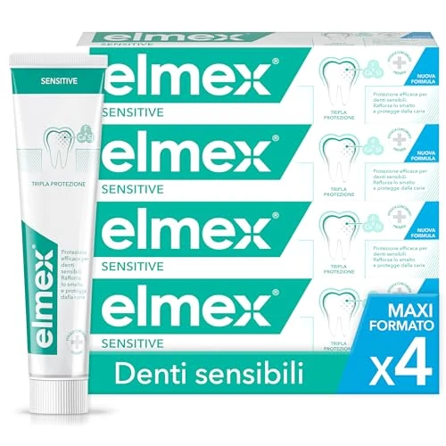 Offerta a tempo: Elmex - Dentifricio Sensitive 4x75ml (Consegna in 48 Ore), Dentifricio per Denti Sensibili, Protezione delle Gengive, Sollievo dal Dolore dei Denti, Gengive Irritate, Formula Delicata contro la Carie - 47% da 18.89 € a 10.06 €