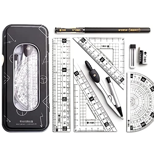 MHwan Maths Set, Metal Durable Outer Box Geometry Sets, Protractor and Compass Set with Ruler Protractor Eraser, for School Students Maths and Home Education (Black)