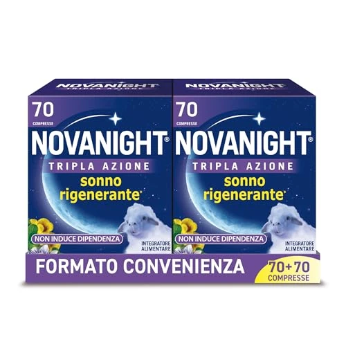 Offerta a tempo: Novanight Tripla Azione Melatonina per Dormire, Integratori per Dormire, Disturbi del Sonno - Senza Glutine, con Melatonina, Escolzia, Passiflora, Melissa, Non Induce Dipendenza (70+70 Compresse) - 22% da 49.90 € a 38.82 €