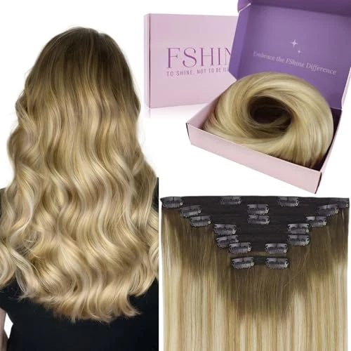 Fshine Clip Hair Human Extensions 14 Inch Clip in Hair Extensions Włosy ludzkie Średni brąz blaknący do miodowego blondu i blond Przedłużanie włosów Prawdziwe ludzkie włosy 120g 7Pcs Straight