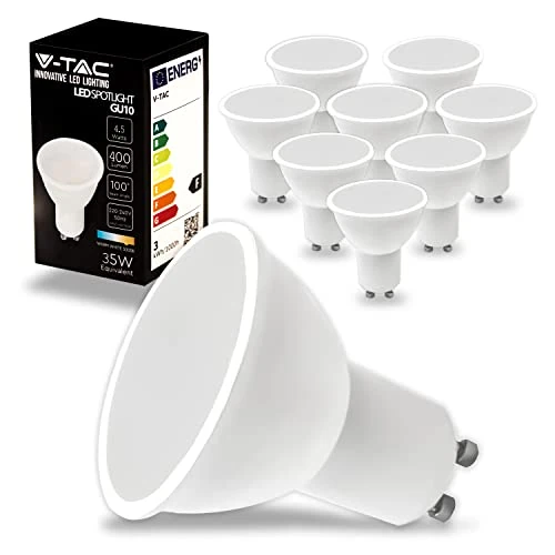 V-TAC 10 żarówek LED GU10-4,5 W 400 lumenów - wysoka jasność - GU10 reflektor LED zapewniający maksymalną wydajność i oszczędność energii - ciepłe białe światło 3000K
