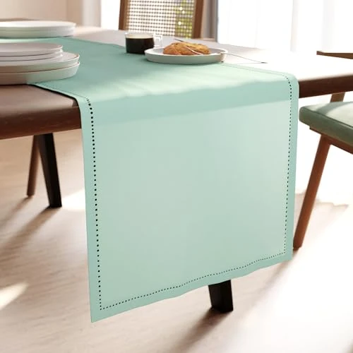 Limitiertes Angebot: Encasa XO Tischläufer | Reine Baumwolle mit Hohlsaumdesign | Größe 32x230 cm | Minzgrün - Maschinenwaschbar von 12.29 EUR auf 12.29 EUR (Spare 0%)