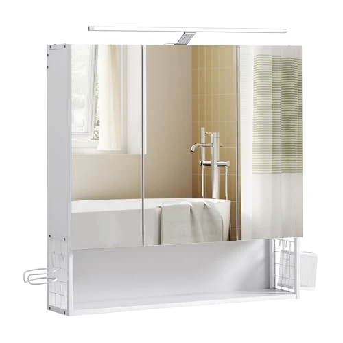 VASAGLE Meuble de Salle de Bain avec Éclairage LED, 14,5 x 70 x 70 cm, Prise, Panier Suspendu, Support pour Sèche-Cheveux, pour Salle de Bain, Lavabo, Blanc Nuage BBK124W14