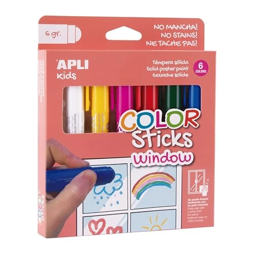 APLI Kids 19363 Color Sticks Window Solid Tempera for Glass Painting, 6 Assorted Colors