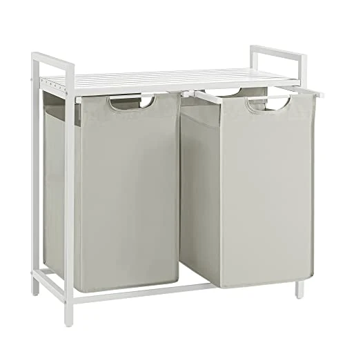 VASAGLE Cesto Portabiancheria, Porta Biancheria, 2 Sacchi in Tessuto Rimovibili, Piano d’Appoggio, Metallo, 2 x 46 L, 73 x 33 x 72 cm, Bianco Crema e Bianco Opaco BLH201W01
