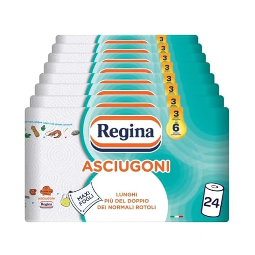 Offerta a tempo: Regina Asciugoni Carta Cucina, Confezione da 24 Rotoli a 2 veli, 100 strappi per rotolo, Maxi fogli, Lunghi più del doppio dei normali rotoli, Carta 100% certificata FSC - 20% da 51.23 € a 41.16 €