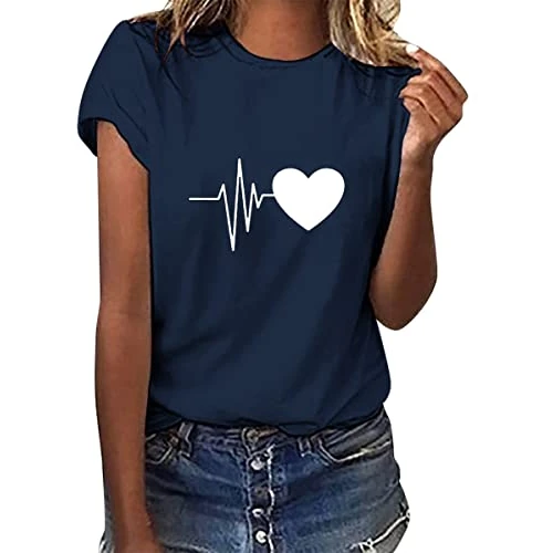 Offerta a tempo: Yuson Girl Magliette Donna Manica Corta Amore/Pianeta Astronauta T-Shirt Cotone Maglietta Elegante Donna Casual Stretch Sciolto Top Magliette Estive con Girocollo Blusa Taglie Forti(A-Marina, L) - 24% da 9.01 € a 6.89 €