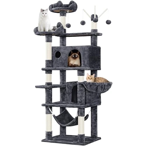 Offre limitée : Yaheetech 170cm Arbre à Chat Multiniveau Tour de Jeux Maison pour Chat avec Poteaux en Sisal 2 Niches Spacieuses Hamac Panier Jouets Amovibles Boules avec Clochette Gris Foncé de 74.99 € à 71.24 € (5% de remise)