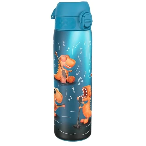 ION8 Lichtgewicht Stalen Waterfles, 600 ml/20 oz, Zonder Isolatie, Lekvrij, Makkelijk te Openen, Veilige Vergrendeling, Vaatwasserbestendig, Hygiënische Flipcover, Draaggreep, Duurzaam, Dino Band