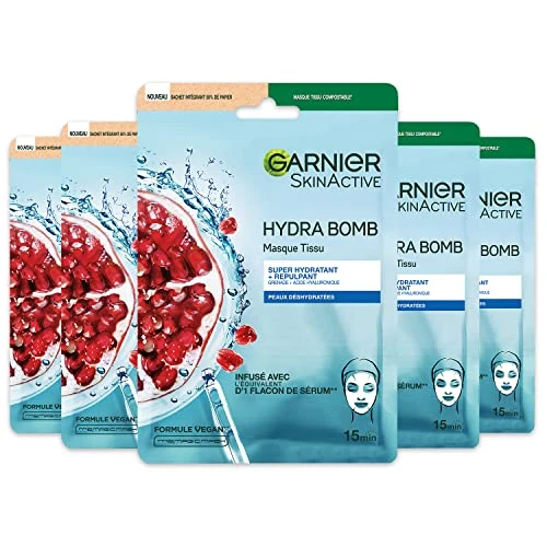 Offerta a tempo: Garnier Skin Active - Set di maschere in tessuto Hydra Bomb idratanti e assorbenti, a base di melograno e acido ialuronico, vegano e senza esperimenti sugli animali, tessuto compostabile, per - 30% da 14.20 € a 9.98 €