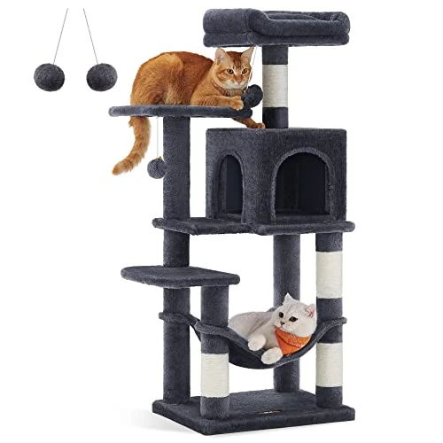 Feandrea Rascador para Gatos, Árbol para Gatos, Altura 112 cm, Torre con 4 Postes, 2 Plataformas, 1 Cueva, 1 Hamaca, 2 Pompones, Tela de Felpa, Multinivel, Gris Ahumado PCT261G01