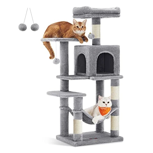 Feandrea Rascador para Gatos, Árbol para Gatos, Altura 112 cm, Torre con 4 Postes, 2 Plataformas, 1 Cueva, 1 Hamaca, 2 Pompones, Tela de Felpa, Multinivel, Gris Claro PCT261W01