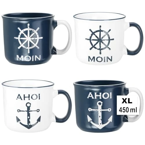 Limited-time offer: com-four® 4X XL Ceramic Coffee Mugs - 450 ml Drinking Cups - Maritime Coffee Cups for Home and Office - Coffee Pot for Cold and hot Drinks (4 Pieces - White/Blue) from 23.99 GBP to 23.99 GBP (save 0%)