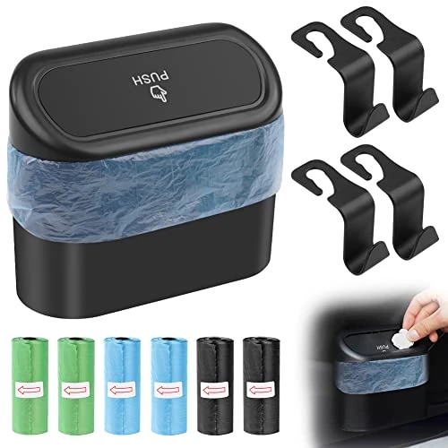 URAQT Poubelle Voiture, Imperméable Mini Poubelle de Voiture avec Couvercle et 6pcs Sac Poubelle, Boîte de Rangement de Voiture Suspendue Portable pour Stocker et Organiser Les Déchets (Noir)