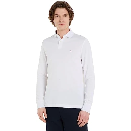 Tommy Hilfiger Herren Poloshirt Langarm Regular Fit mit Knopfleiste, Weiß (White), L