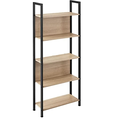 tectake® Wandkast–Boekenkast - 5 Niveaus – Houten Kast in Industrieel Design – 62 x 24 x 165,5 cm – Wandkast voor Woonkamer, Studeerkamer, Kantoor & Keuken – Zwart Metaal Frame - lichtbruin
