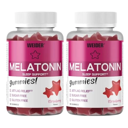 Weider Pack Duo Melatonin Gummies - Goût Fraise (2x60 Gommes). 1 mg de mélatonine par gomme. Aide à la qualité du sommeil et contre le Jet-lag. Sans Sucre. Sans Gluten.