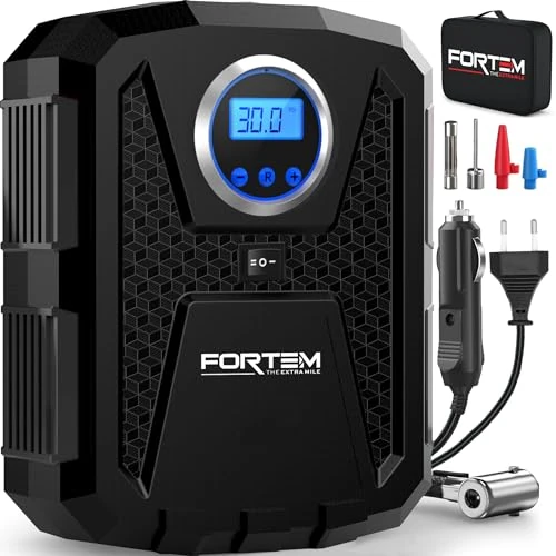 FORTEM Car Tyre Inflator 150 PSI, Air Compressor, 230V AC 12V DC Electric Air Pump for Car Tires, Digital Tire Pump w/Auto Pump/Shut Off, Carrying Case