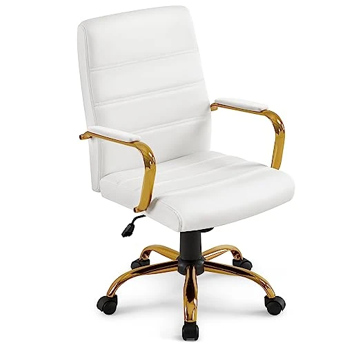 Offerta a tempo: Yaheetech Sedia Scrivania Ufficio Ergonomica Ecopelle Girevole Reclinabile Imbottita con Rotelle e Braccioli Altezza Regolabile Portata 130 kg Bianco/Oro - 21% da 89.99 € a 71.24 €