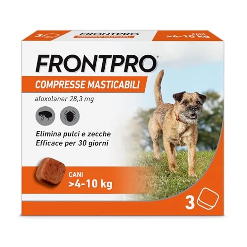 FRONTPRO 3 tabletki do żucia dla psów o masie ciała > 4-10 kg chronią przed pchłami, kleszczami, jajkami i larwami przeciw pchłom, w opakowaniu po 3 tabletki Afoxolaner 28,3 mg, 4 kg - 10 kg