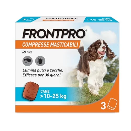 FRONTPRO 3 tabletki do żucia dla psów o masie ciała > 10 – 25 kg, chronią przed pchłami i kleszczami, przeciw pchłom, w opakowaniu po 3 tabletki po 68 mg Afoxolaner, 10 kg - 25 kg