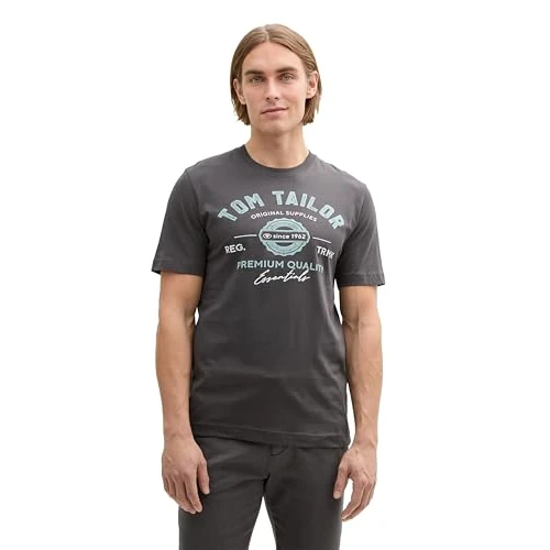 Offerta a tempo: TOM TAILOR Maglietta da Uomo con Logo Stampato in Cotone, 10899-Tarmac Grey, M - 13% da 15.99 € a 13.90 €