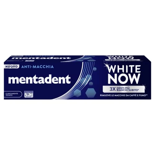 Offerta a tempo: Mentadent Dentifricio White Now Anti-macchia, Dentifricio Sbiancante con White-Correct e White-Infinity Technology, Azione Anti-macchia**, Denti 3 Volte più Bianchi Subito* e Bianchi a Lungo***, 75ml - 36% da 3.49 € a 2.25 €