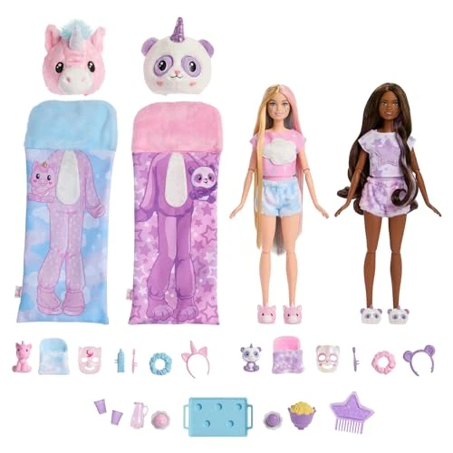 Offerta a tempo: Barbie - Cutie Reveal Pigiama Party Set regalo, con 2 bambole e 2 cuccioli, include 35+ sorprese e costume di peluche, con effetto cambia colore, giocattolo per bambini, 3+ anni, HRY15 - 13% da 67.99 € a 59.49 €
