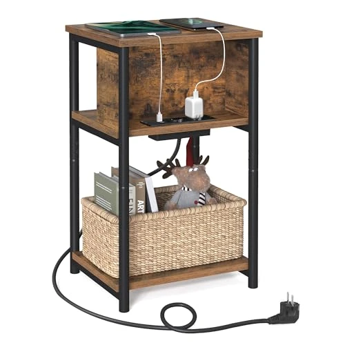 VASAGLE Side Table, Small Bedside Table with Power Strip, Slim, 2 AC Sockets, 2 USB Ports, 30 x 34 x 58 cm, for Living Room, Bedroom, Rustic Brown and Black LET375B01