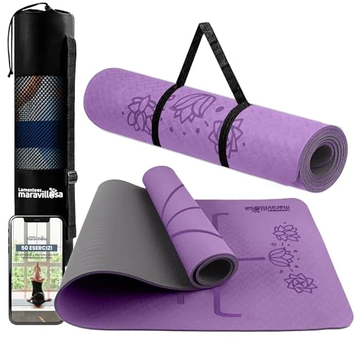 LA MENTE ES MARAVILLOSA - Yogamat, gymnastiekmat, TPE-pilatesmat | incl. tas en draagriem | 183 x 61 cm gevoerd voor fitness en gymnastiek, huidvriendelijk (bloemen, paars/zwart)