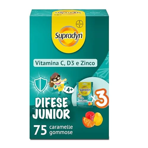 Supradyn Difese Junior Voedingssupplementen voor immuunafweer, multivitaminen, rubberachtige vitaminen met vitamine C, vitamine D en zink voor de immuunafweer van kinderen, 75 rubberen snoepjes