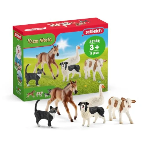 Offerta a tempo: SCHLEICH FARM WORLD | Animali della Fattoria Bundle 42386 | Set con vitello, puledro, gatto, cane e oca | figure realistiche per bambini dai 3 anni | 5 pezzi | solo su Amazon - 11% da 17.91 € a 15.99 €