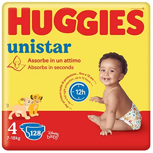 Huggies Unistar Diapers, Size 4 (7-14 kg), Pack of 128 Nappies