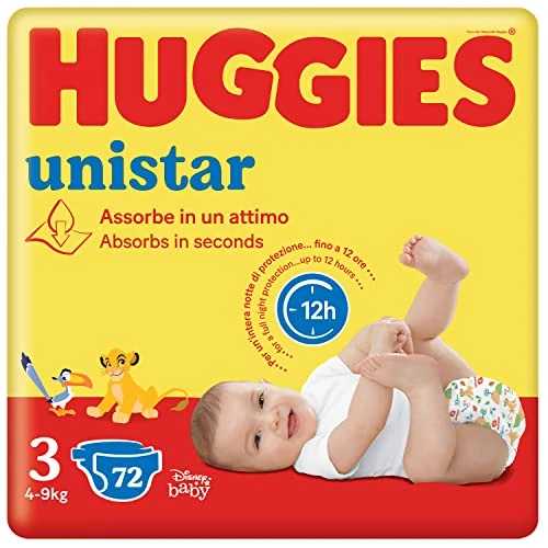 Huggies Unistar, Pannolini Taglia 3 (4-9 Kg), Design Disney, Ultra assorbente, Protezione completa, 72 Pz