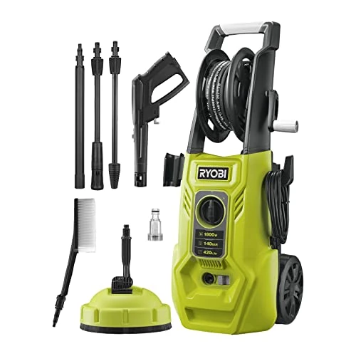 RYOBI - Hidrolimpiadora de Alta Presión 1800W, 140 Bares, 420l/h - 2 Lanzas (Vario y Turbo) y 1 Cepillo Multisuperficie, Limpiador de Superficies Ø 25 cm - Depósito Detergente 0,9l - RY140PWA