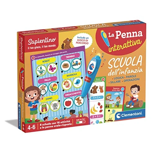 Clementoni Sapientino – School van de kindertijd, sprekend leerspel 4-6 jaar, quiz over woorden, logica, lettergrepen en operaties, 8 activiteiten met interactieve pen, gemaakt in Italië, Italiaanse