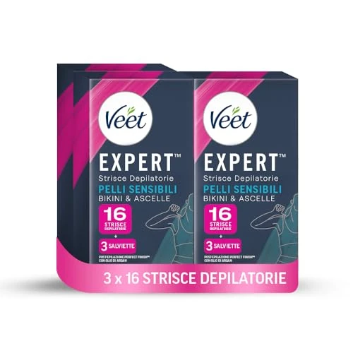 Oferta ograniczona: Veet Expert Paski do depilacji pod pachami i okolicami Bikini, woskowanie do skóry wrażliwej z olejkiem migdałowym, testowane dermatologicznie, 3 opakowania po 8 x 2 paski + 9 chusteczek po depilacji z 78.06 PLN na 78.06 PLN (zniżka 0%)