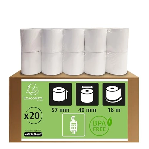 Offerta a tempo: Exacompta - Rif. 40761E - Confezione da 20 bobine termiche per carta di credito, 57 x 40 mm, 1 piega termica 55 g/m² senza fenolo, senza mandrino in cartone, zero rifiuti di plastica, metraggio +/-2 m - 0.00% da 19.58 € a 19.58 €