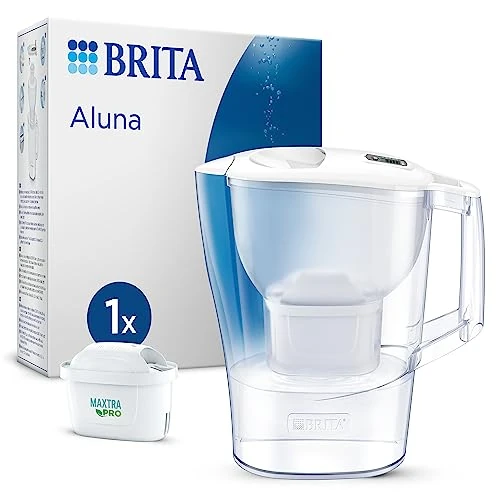 BRITA Caraffa filtrante Aluna bianca (2.4L) incl. 1 x filtro MAXTRA PRO All-in-1 che riduce cloro, calcare e PFAS - adatta alla porta del frigorifero, con Memo digitale, in confezione sostenibile